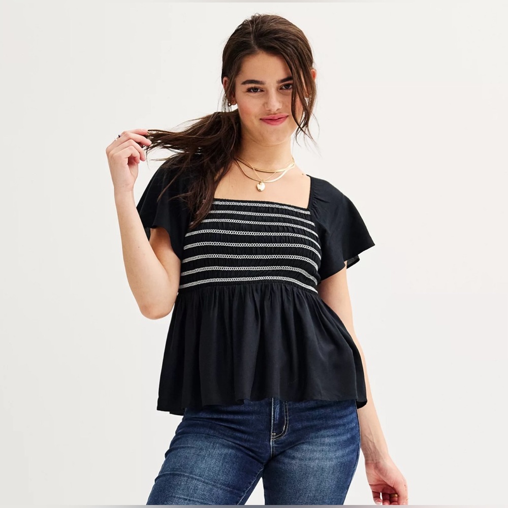 SO kohls - Black Smocked Flutter Sleeve Babydoll Top - Size: Small - NWT